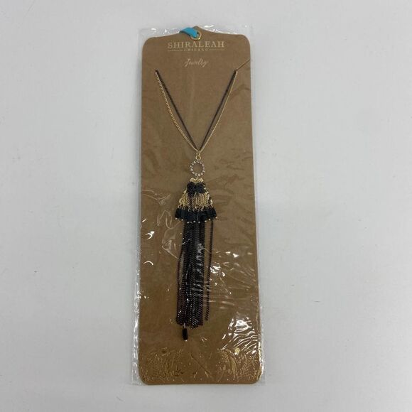 Anthropologie shiraleah black gold Sloan Tassel Necklace New - Picture 1 of 4